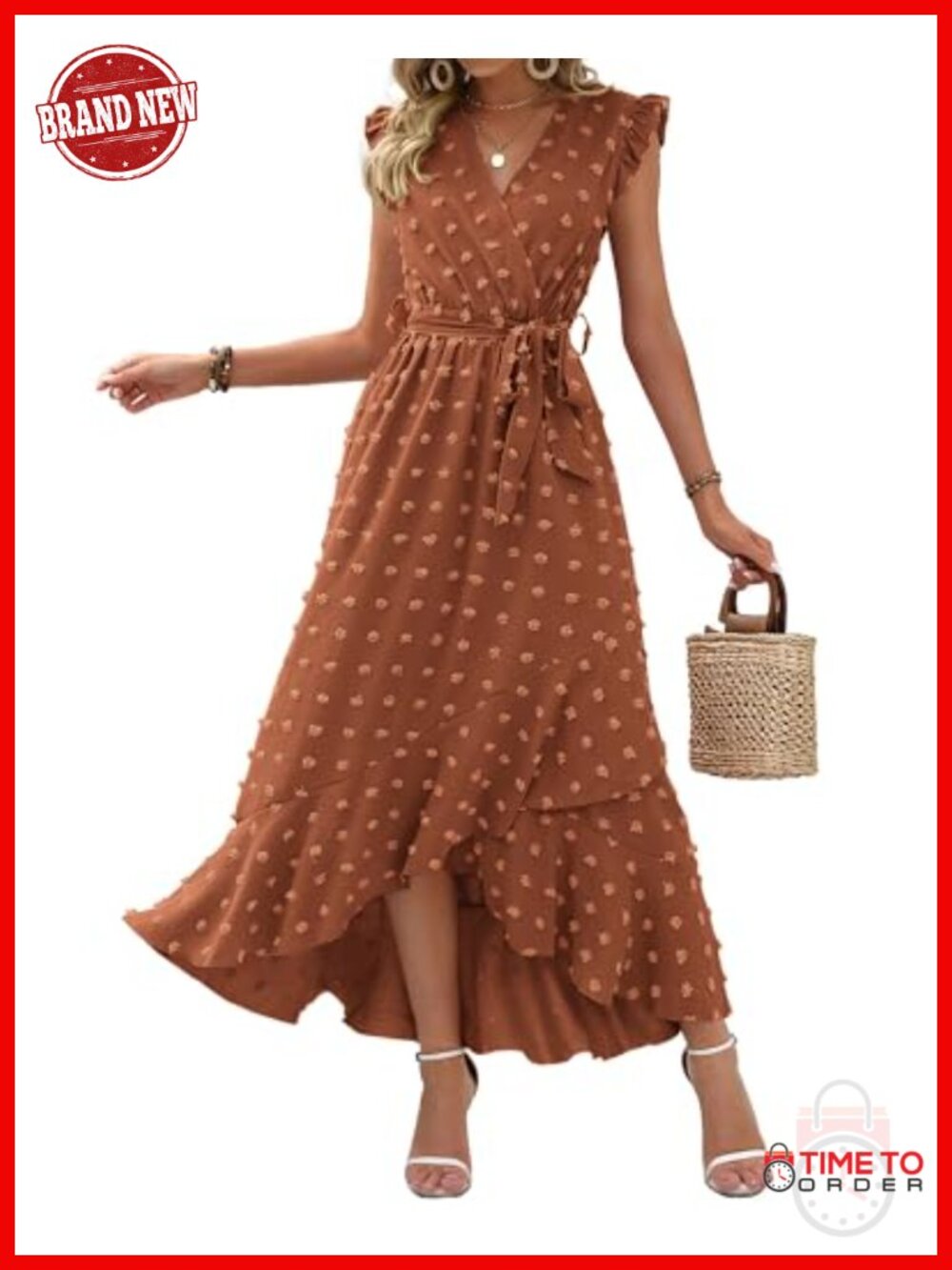 Swiss Dot V-Neck Ruffle Cap Sleeve Tie Waist Maxi Dress